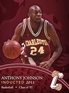 Illustration of a Charleston basketball player in a #24 jersey with text reading “Anthony Johnson, Inducted 2013, Basketball, Class of ’97,” alongside a C logo.