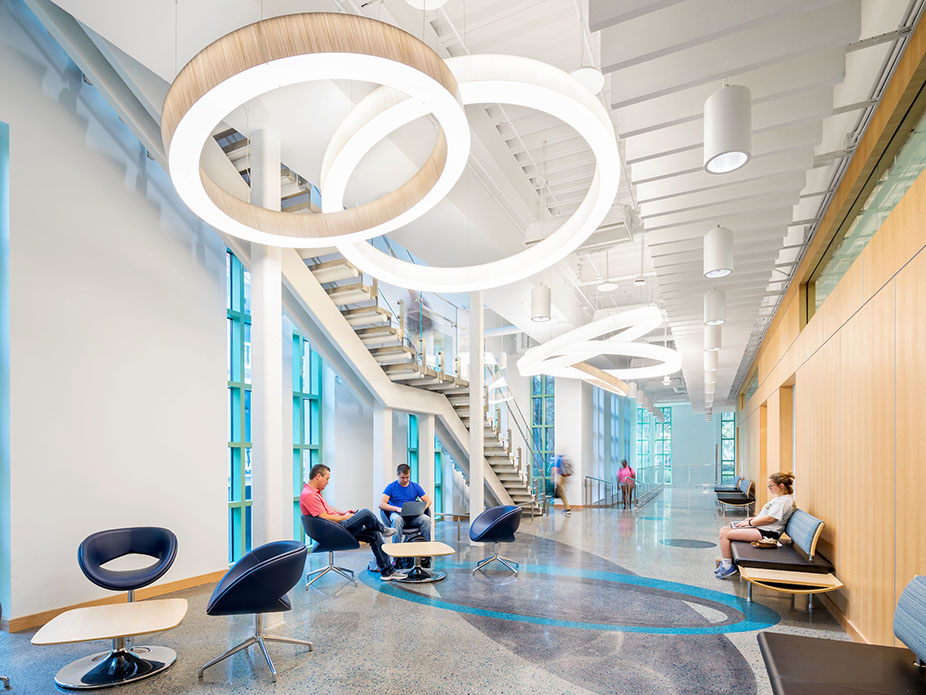 Students studying in modern Rita Liddy Hollings Science Center. 