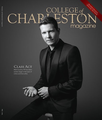 Black-and-white cover of College of Charleston magazine featuring Matt Czuchry in a dark suit seated against a gray background.
