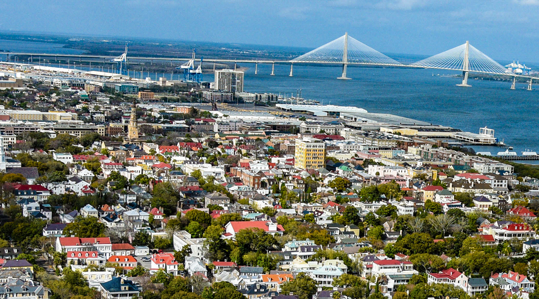 Beautiful aerial view of Charleston with the Cooper River Bridge in the background.