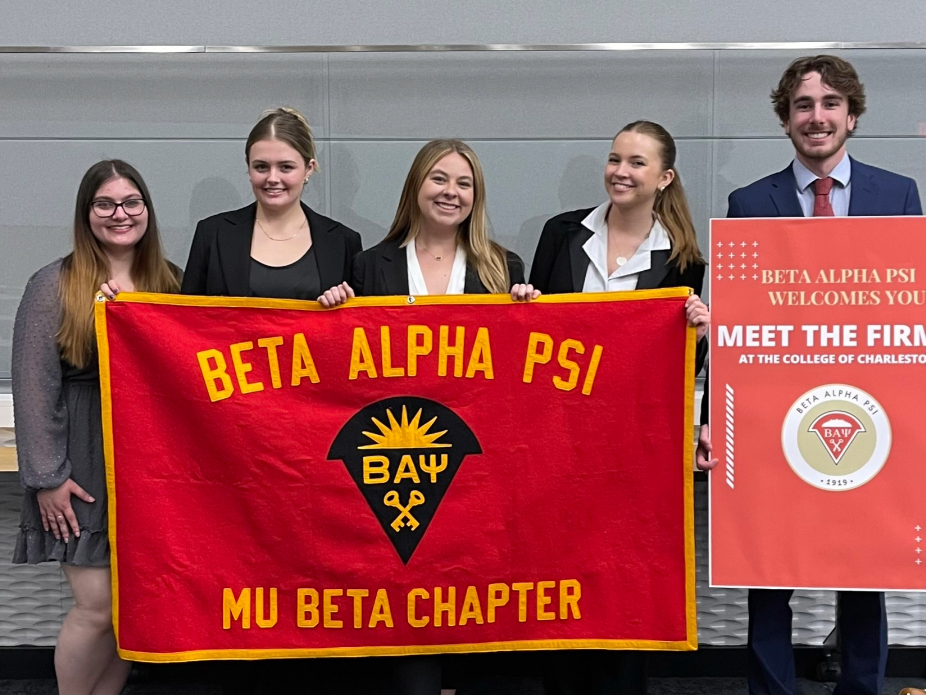 CofC Beta Alpha Psi officers with banner