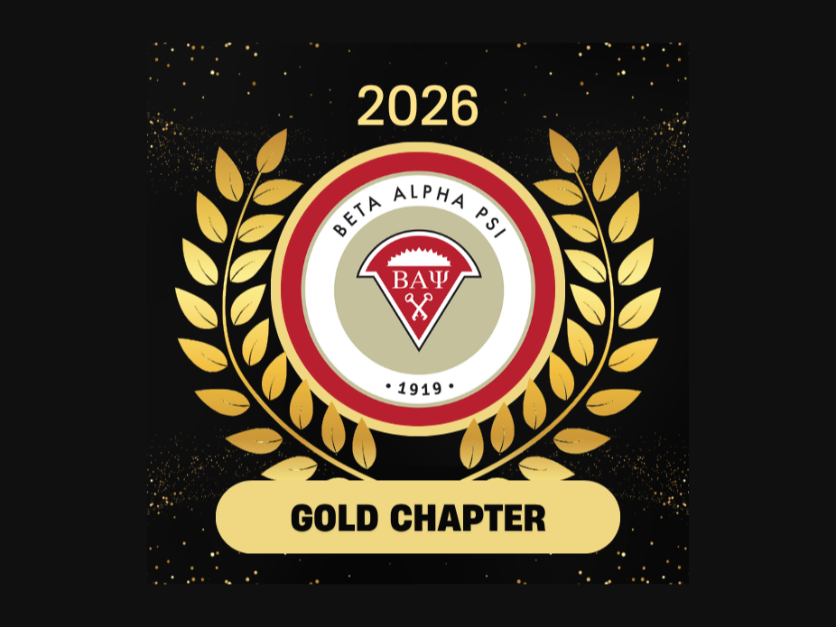 Beta Alpha Psi 2026 Gold Chapter recognition emblem with laurel wreath, chapter seal marked “1919,” and “Gold Chapter” text on a black background.
