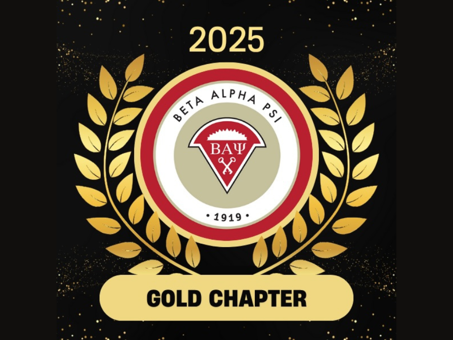 Beta Alpha Psi Gold Chapter logo for 2025, featuring a laurel wreath design and the organization's emblem