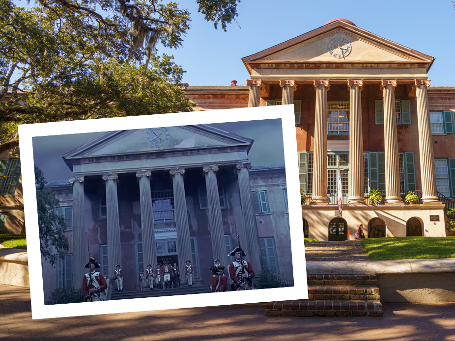 Randolph Hall with an insert image of Randolph Hall from the film "The Patriot".