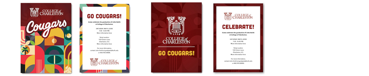 Graduation partyinvitation templates featuring the College of Charleston logo and "Go Cougars"