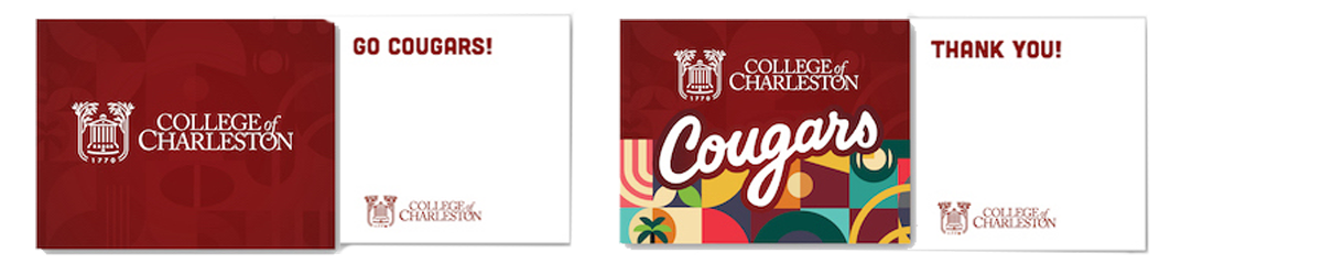 College of Charleston Thank You Card templates featuring the College logo and tapestry