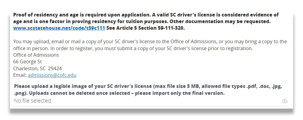 Screenshot of application section prompting users to upload their SC drivers license.