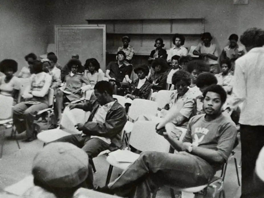 Black and White Photograph of Afro-American Students in a classroom. 
