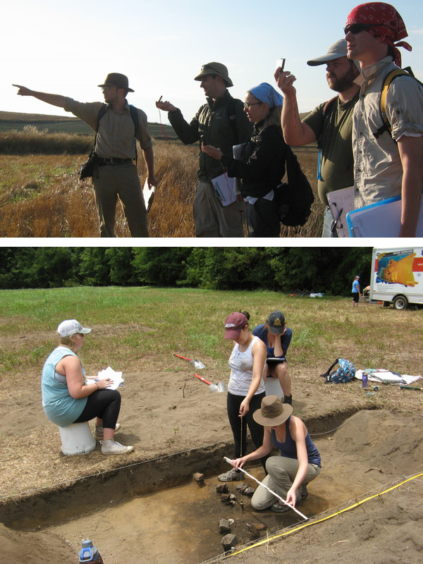 Archaeology students in the field and working an archaeological dig.