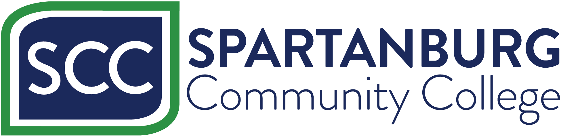 Spartanburg Community College logo featuring the letters "SCC" and the college name in a modern font.