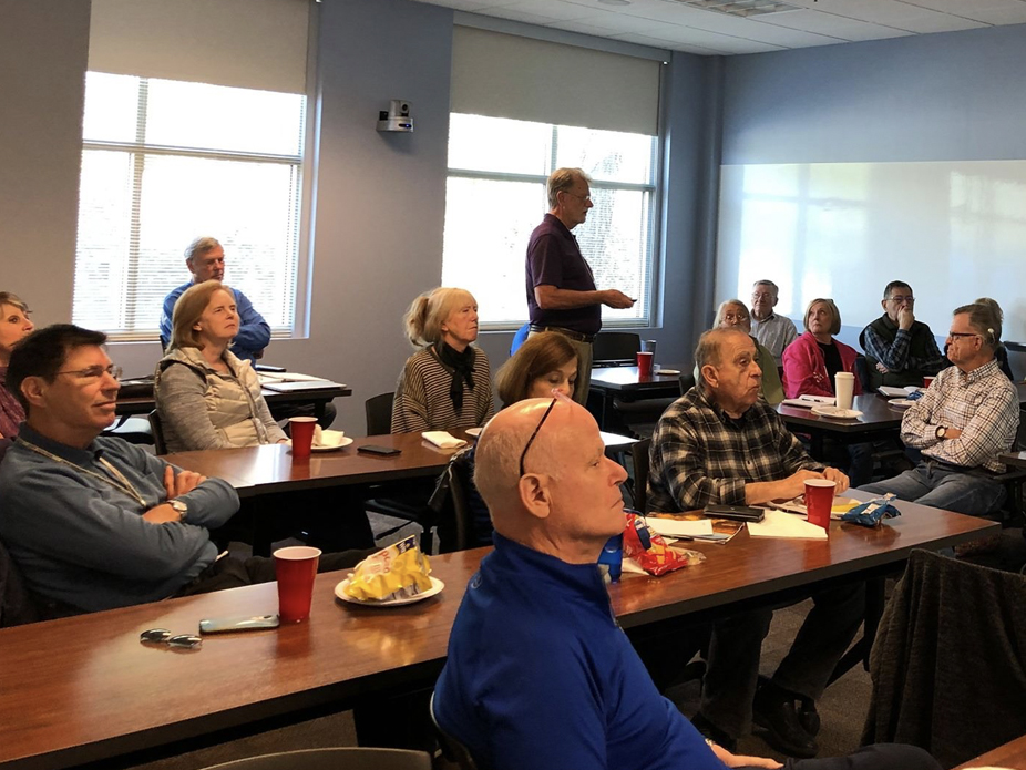 John Preston addresses a packed classroom of life-long learners in the course "Physics for the Humanities"