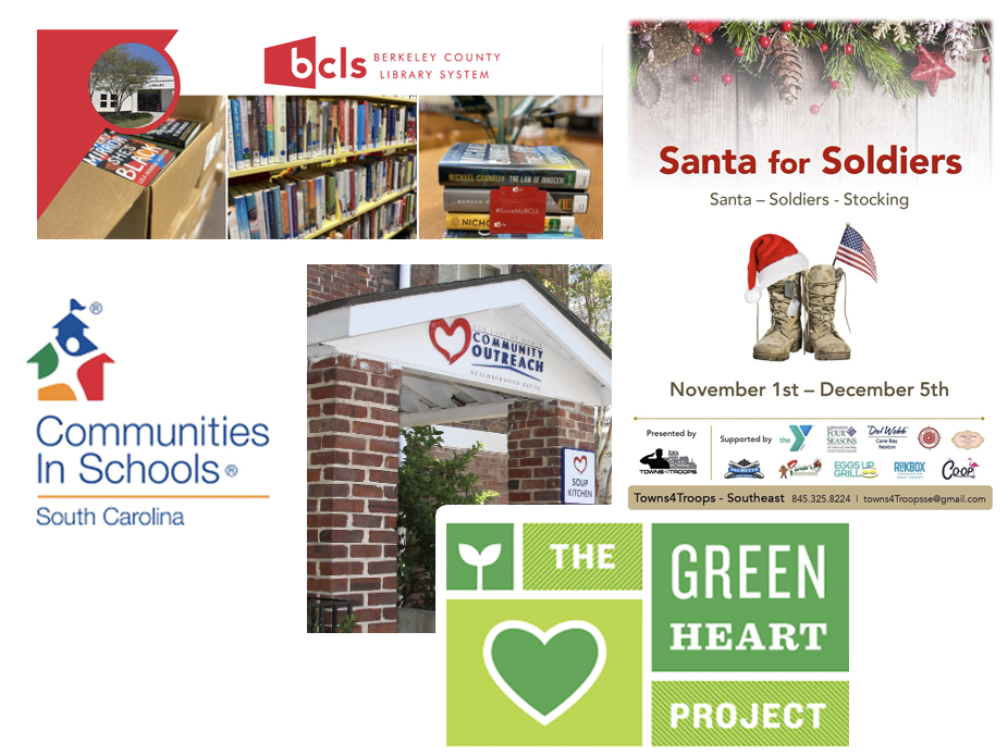 Graphic collage showing logos for Berkeley County Library System, Santa for Soldiers, Communities in Schools, Our Lady of Mercy Community House - Charleston and the Green Heart Project.