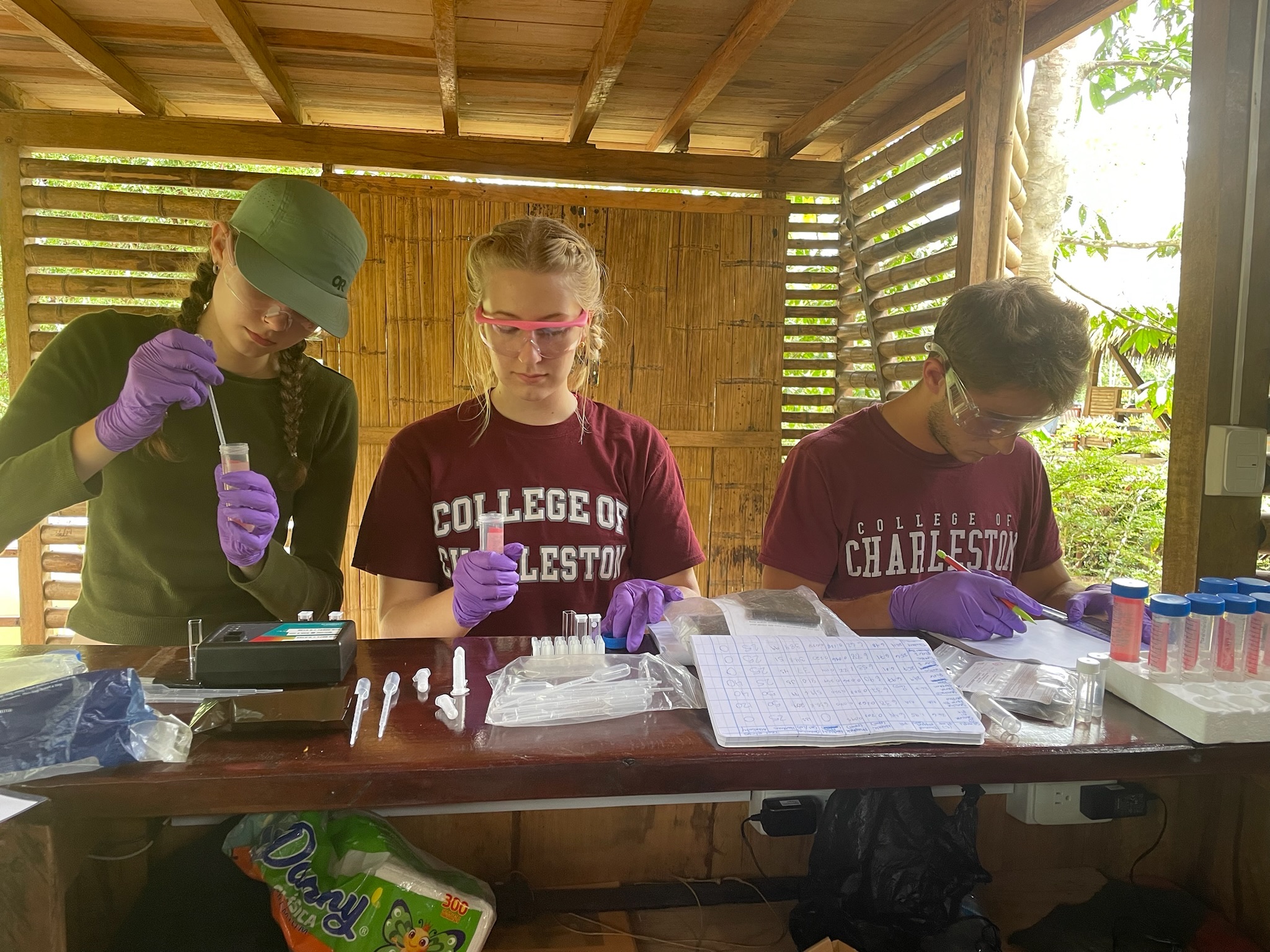 Students left to right: Cameron Clark, Angela LeVasseur and Paxton Williams analyzed water quality in the Amazon (May 2024)