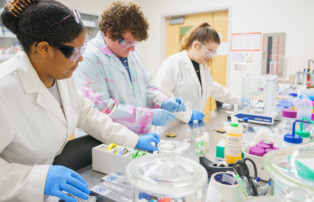 Three College of Charleston Chemistry students work on an experiment.