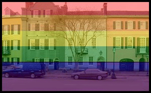 Charleston's Rainbox row with Pride color spectrum overlay