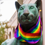 College of Charleston Cougar statue draped with a bride sash.