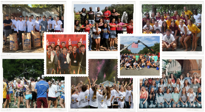 students in sororities, fraternities, and leadership organizations are seen in a collage of activities
