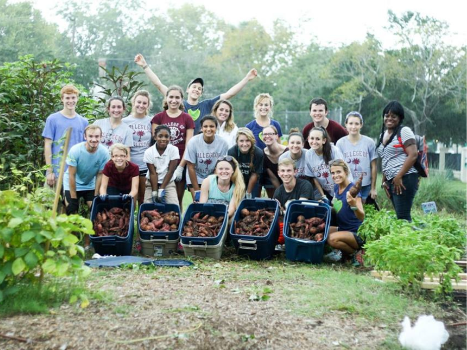 In an outdoor garden, a group of roughly two dozen volunteers pose behind buckets filled will recently-picked vegetables.