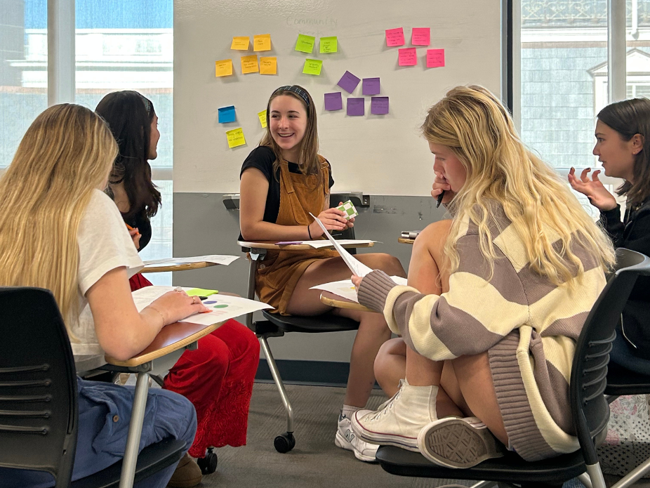 A group of five college students sit at desks in a circle, discussing topics that are laid out in sticky notes attached to a white board.