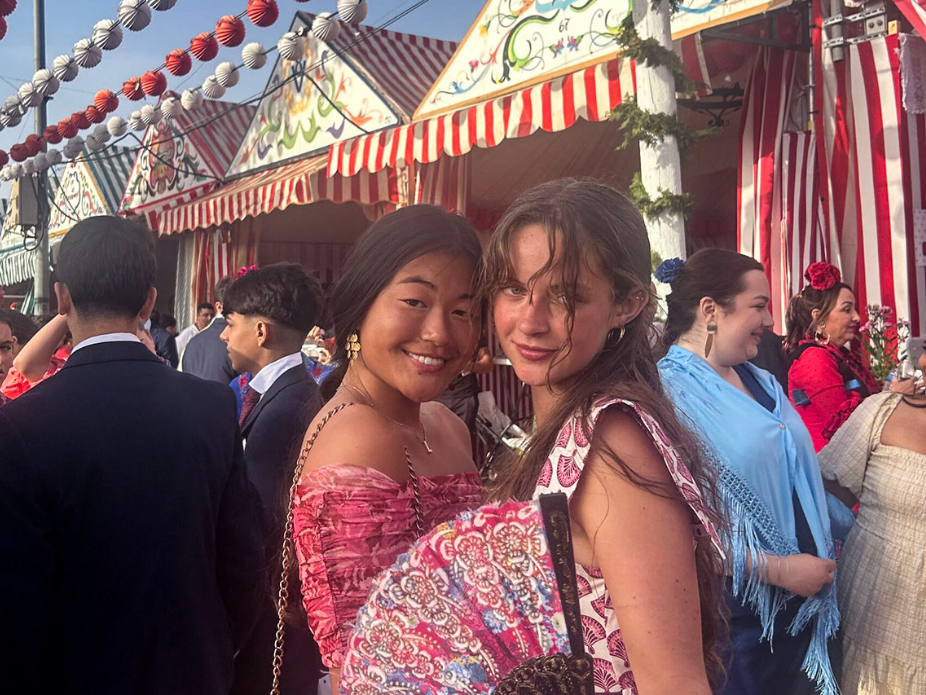 Lali Bagwell (left) with a friend at the Feria de Abril in Seville, Spain.