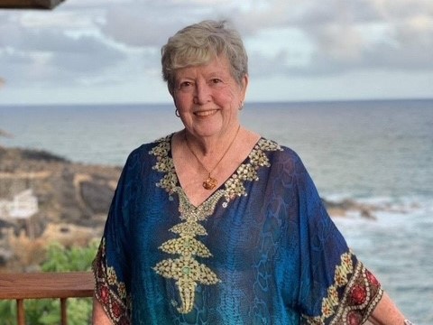 A woman in a blue blouse poses in front of the seaside.