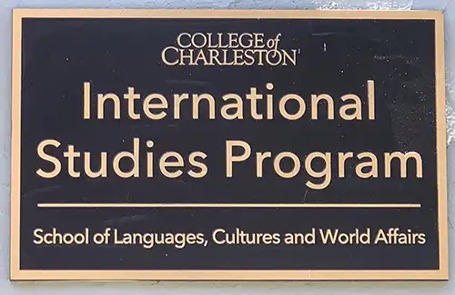 Close up photograph of International Studies Program Plaque at 9 Glebe Street, Charleston, SC 29401