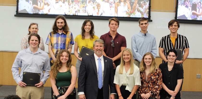 Spring 2023 student awardees with chair and dean
