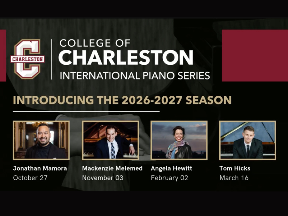 Title card for the International Piano Series featuring the season's artists Jonathan Mamora, Mackenzie Melemed, Angela Hewitt and Tom Hicks.