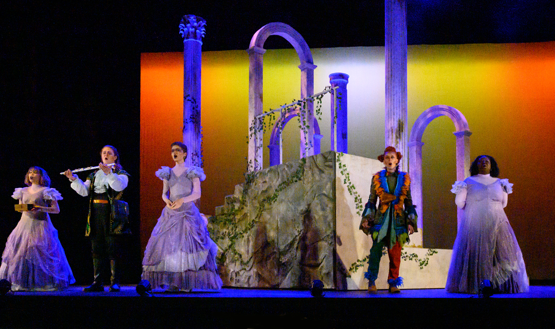 A wide shot of the Opera, The Magic Flute state with five performers