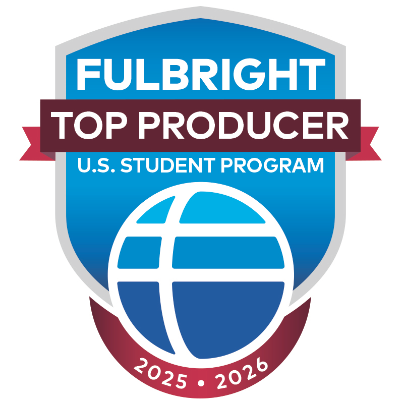 Shield-shaped badge reading “Fulbright Top Producer U.S. Student Program” with a globe icon and the years 2025–2026.