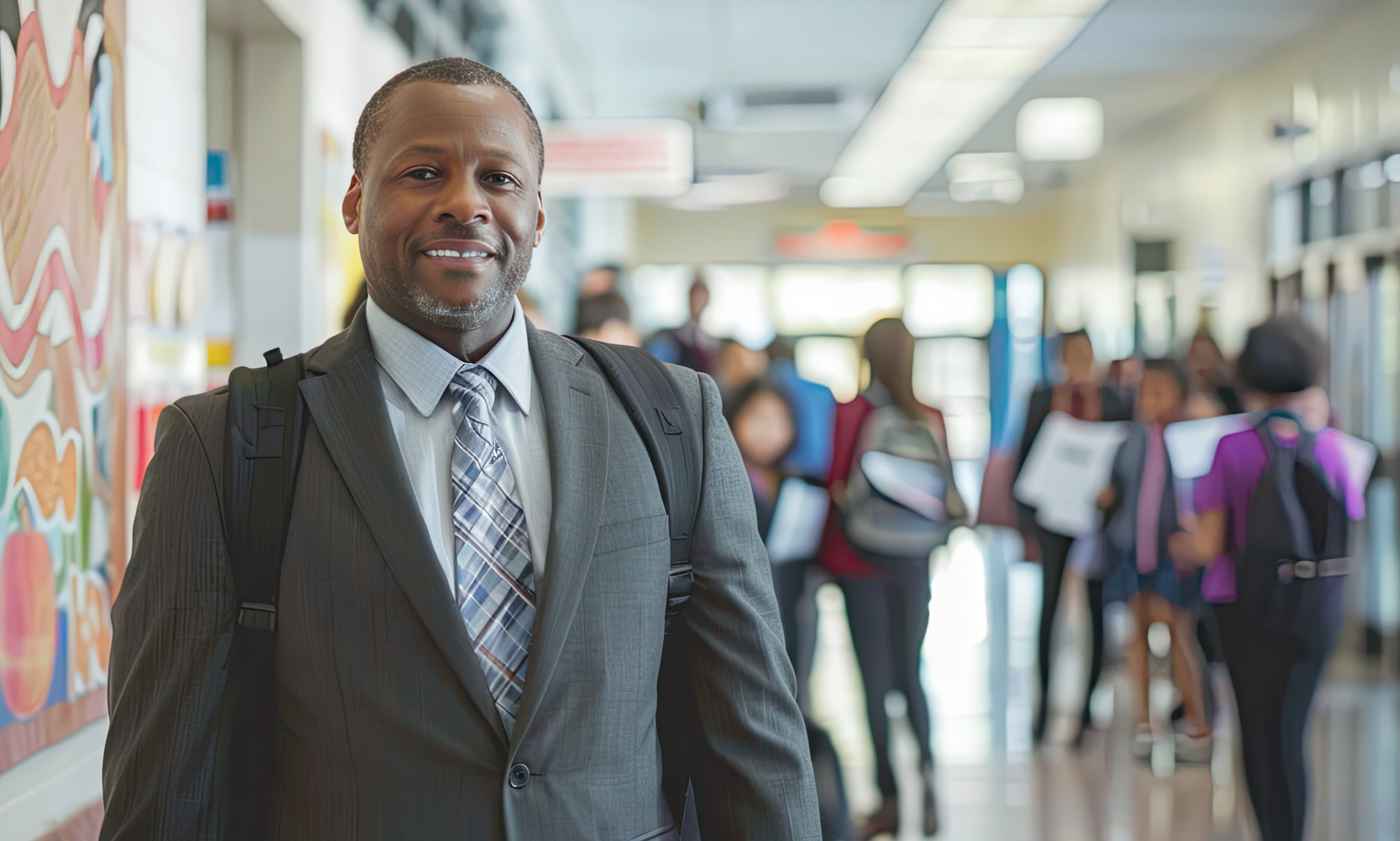 Smiling man in a suit with a backpack standing in a school hallway with students in the background.