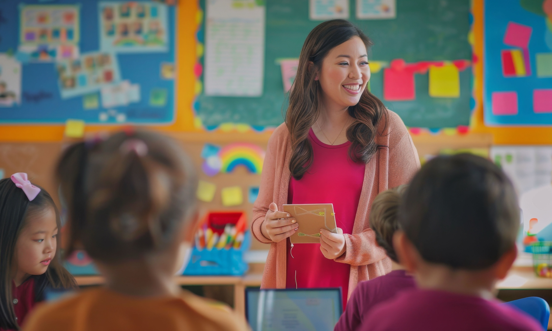 Teacher smiling and holding a book while speaking to students in a colorful classroom.