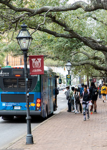 City bus stopped at a sidewalk lined with large oak trees, as pedestrians walk past streetlamps and a banner reading “College of Charleston.”