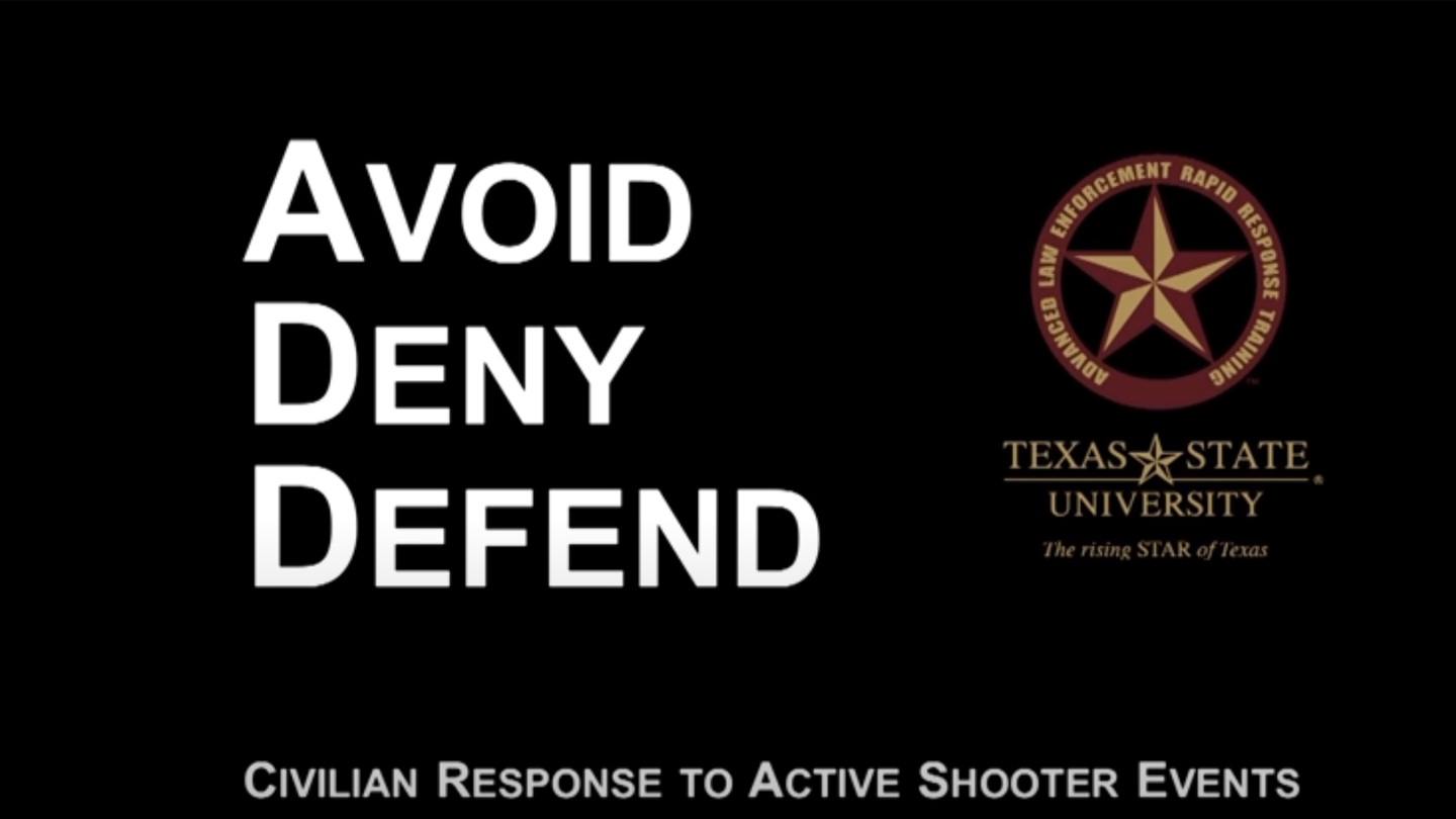 Title image for video displaying Avoid | Deny | Defend  Civilian Response to Active Shooter Events.