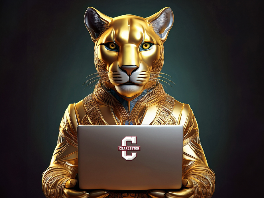 Illustration of a golden cougar in ornate clothing holding a laptop with a Charleston “C” logo.