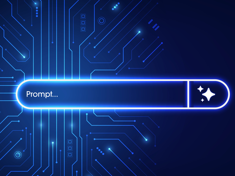 Glowing AI prompt input bar with “Prompt…” text and a sparkle icon on a blue circuit-board background.