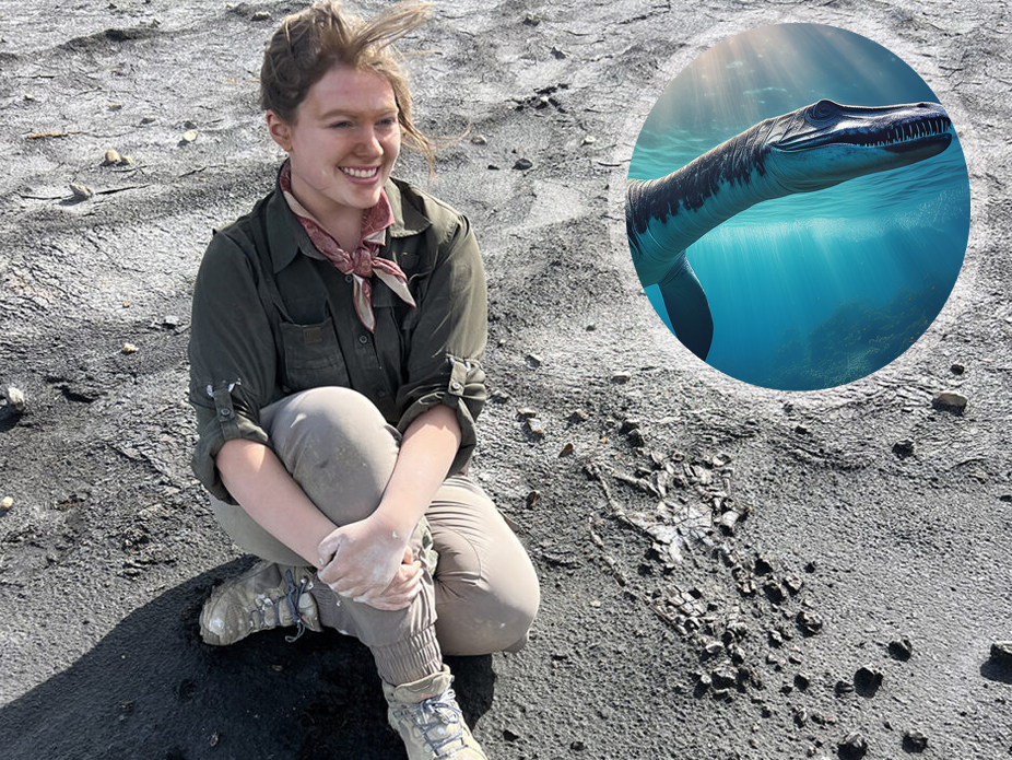 A smiling female paleontologist sits on a rocky surface, with an illustration of a marine dinosaur superimposed in the corner.