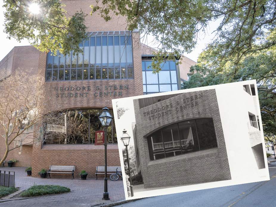 Composite image of the front of the Stern Center in 2024 and an inset image from 1987.