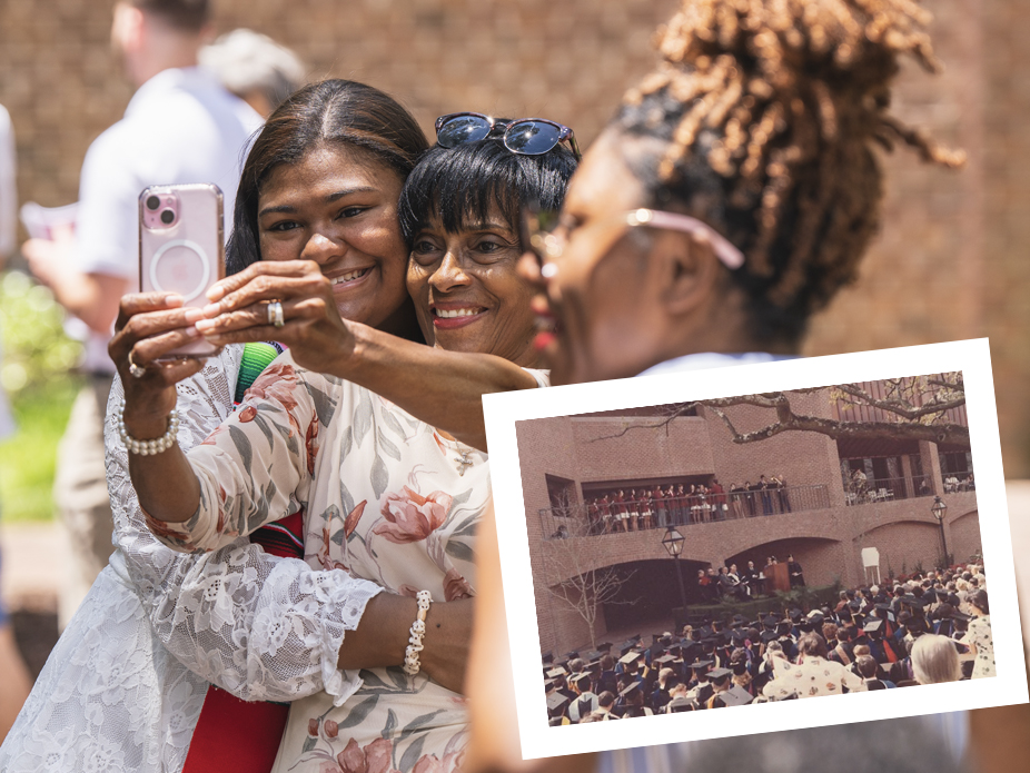 A College of Charleston graduate stops for a selfie with family members outside the Stern Center