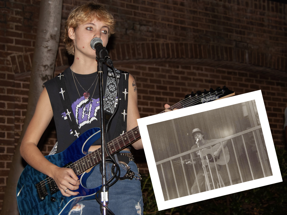 A composite image of a student playing electric guitar in the Stern sourtyard with an inset black and white photo of a student playing acoustic guitar on the Stern balcony.