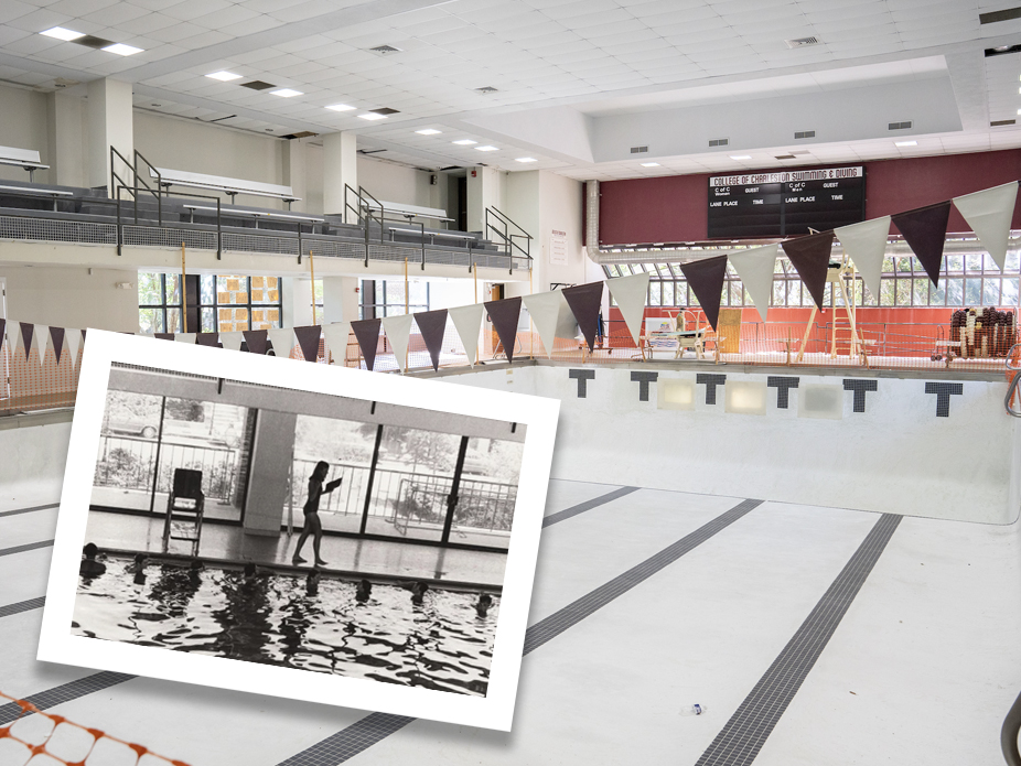 Composit photo of the abandoned Stern swimming pool from 2024 and an older photo when the pool was still in use.