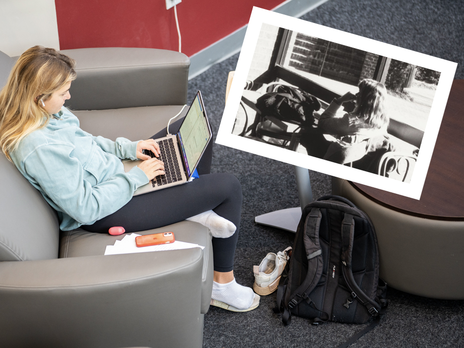 Composite image of a female studying in the Stern Center with an inset of a archive, black and white image of a student studying at Stern decades earlier.