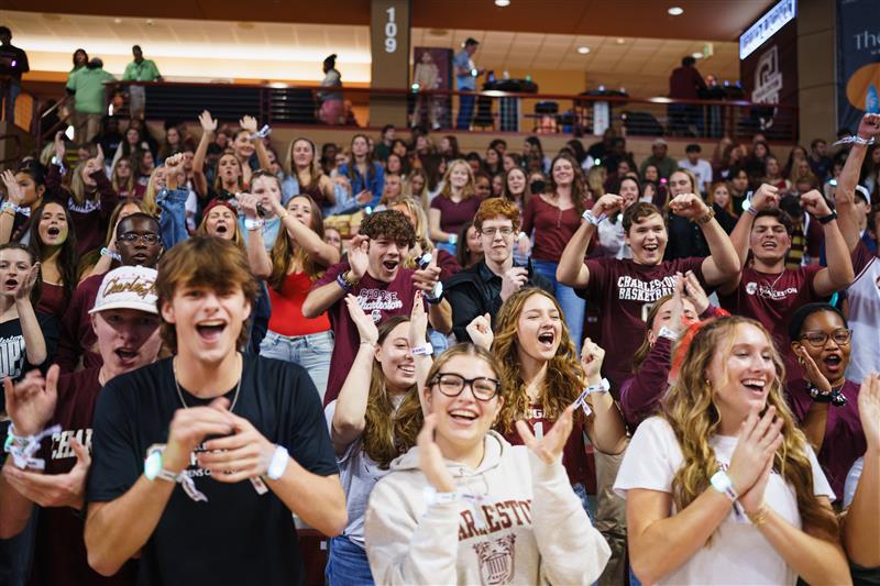 Students cheering inside the TD Arena during a basketball game.