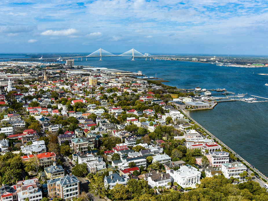 Aerial view of Charleston and the Ravenel Bridge crossing the Cooper River