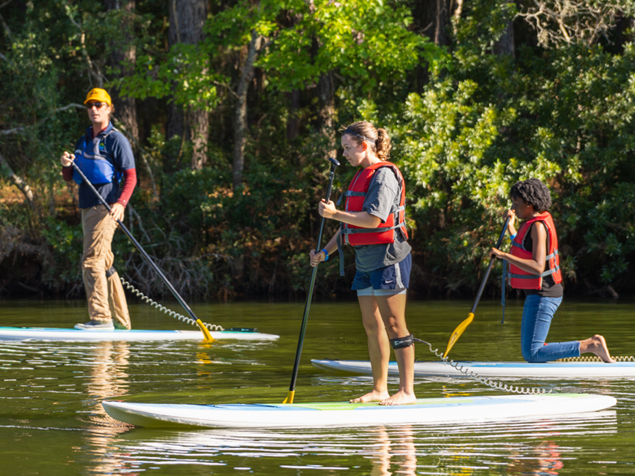 Three College of Charleston students paddle down the river on paddle boards on James Island.